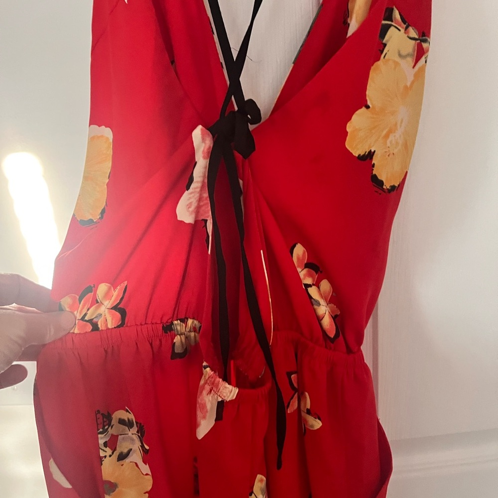 Red Floral one piece jumper 100% rayon with pockets